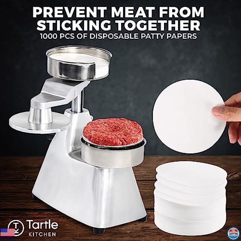 Heavy Duty Stainless Steel Burger Press 4" Patty Maker + 1000 Patty Papers gallery