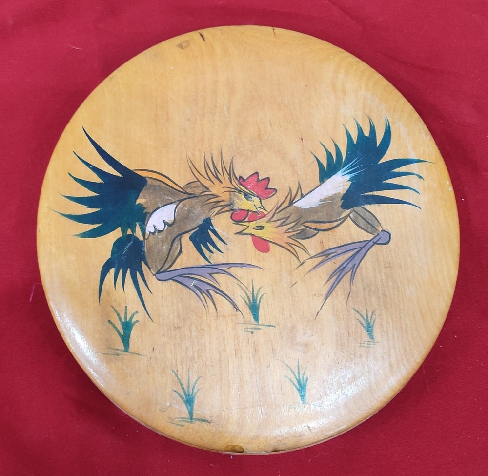 Vintage 1950s Wooden Hamburger Press Hand Painted Roosters Japan