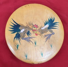 Vintage 1950s Wooden Hamburger Press Hand Painted Roosters Japan
