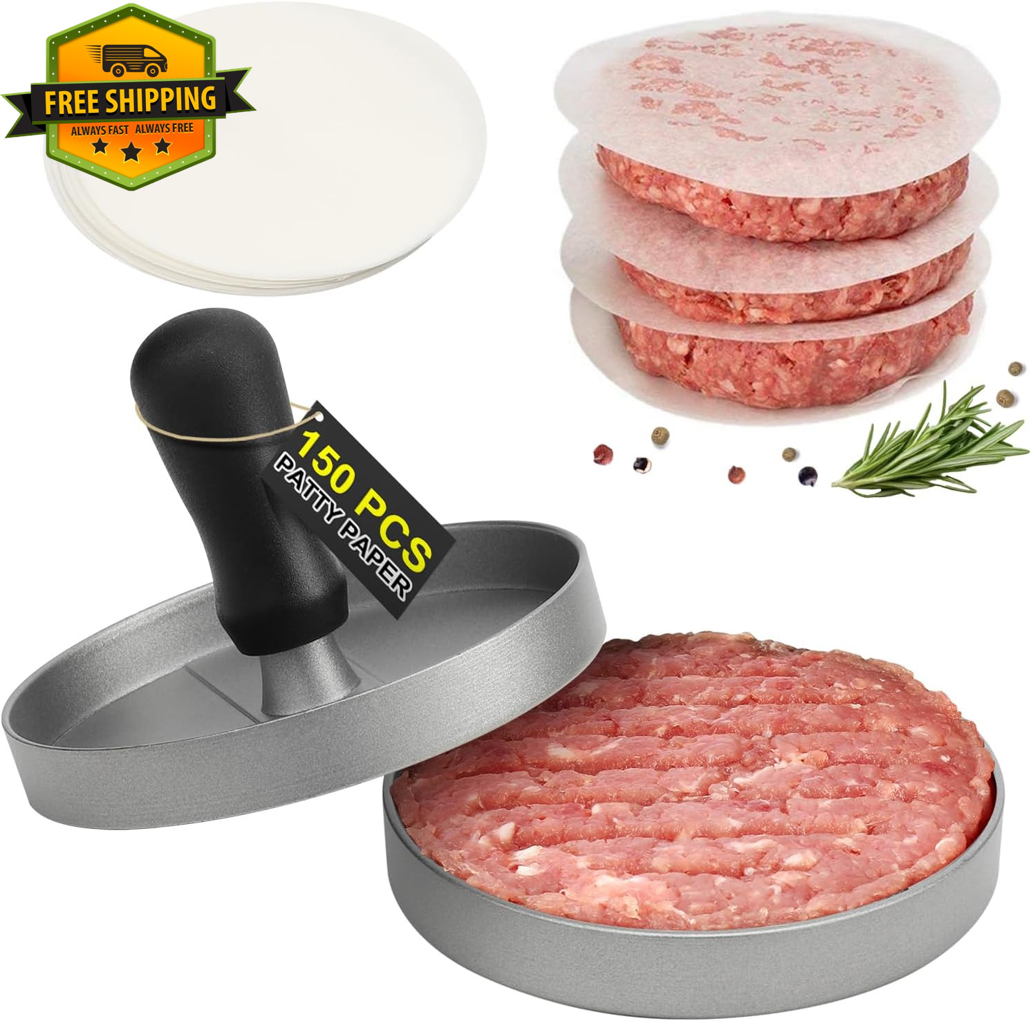 Burger Press With 150 Patty Papers Non Stick Aluminum Hamburger Maker BBQ Tool gallery