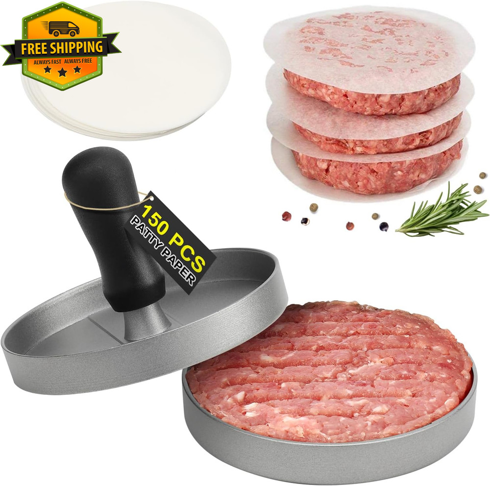Burger Press With 150 Patty Papers Non Stick Aluminum Hamburger Maker BBQ Tool