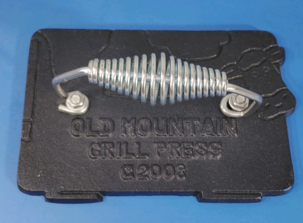 Old Mountain Cow Press 7" Rectangle Cast Iron Smash Grill W/ Coil Handle C2008