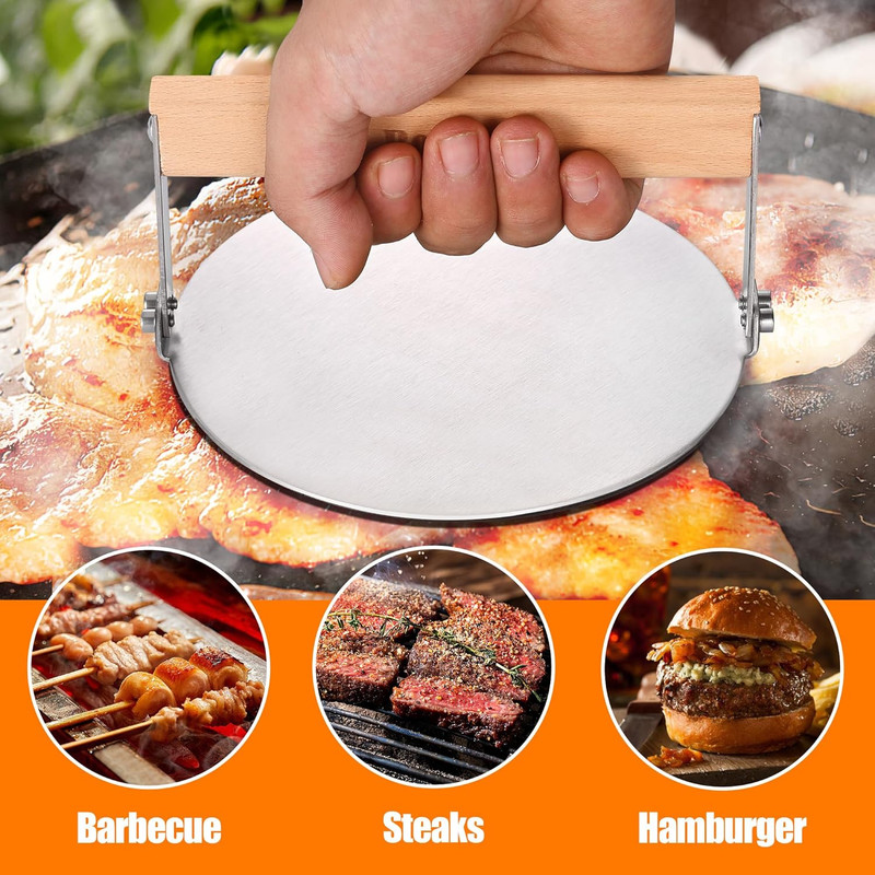 Smash Burger Press 6 Inch round Stainless Steel Burger Smasher with Wood gallery