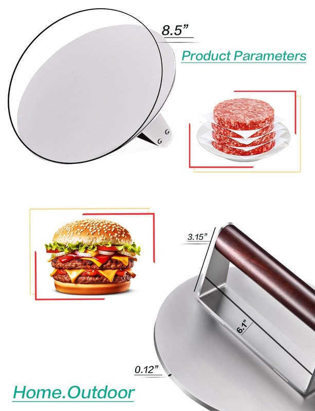 Stainless Steel Burger Press 8.5 in Heavy Duty | Steak Smasher for Grill & BBQ gallery