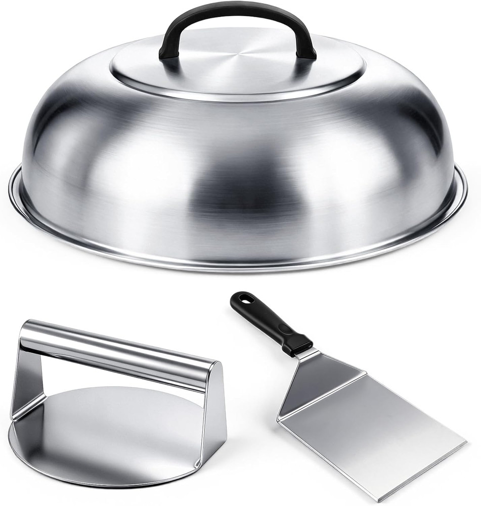 3 Pcs Smash Burger Kit 12" Cheese Melting Cover and 8.5" Burger Press with Grill