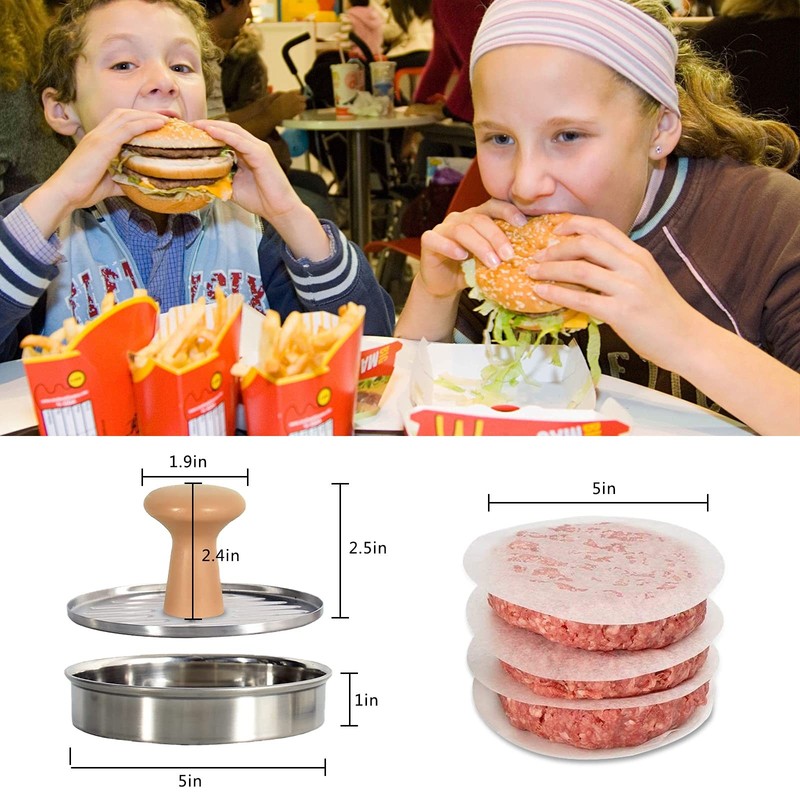 5" Stainless Steel Hamburger Press Patty Maker with 100 Pcs Wax Paper Sheets gallery