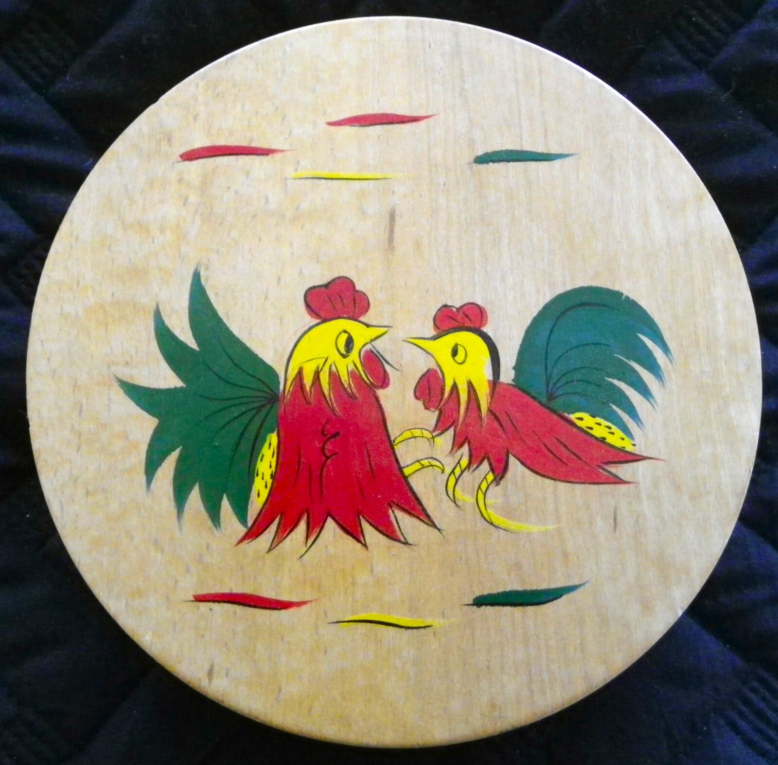 Vintage 1950s Wood Fighting Cocks Hamburger Press Roosters, Hand-Painted, 7" gallery