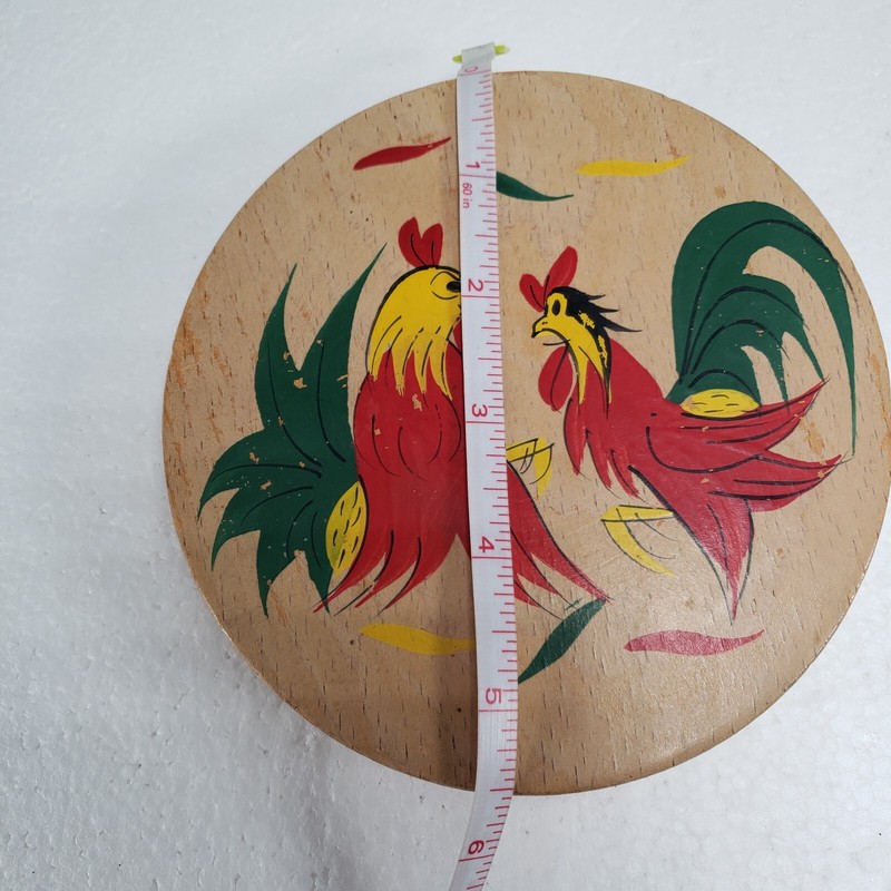 Wooden Hinged Round Hamburger / Patty Press Painted Roosters Vintage Japan gallery