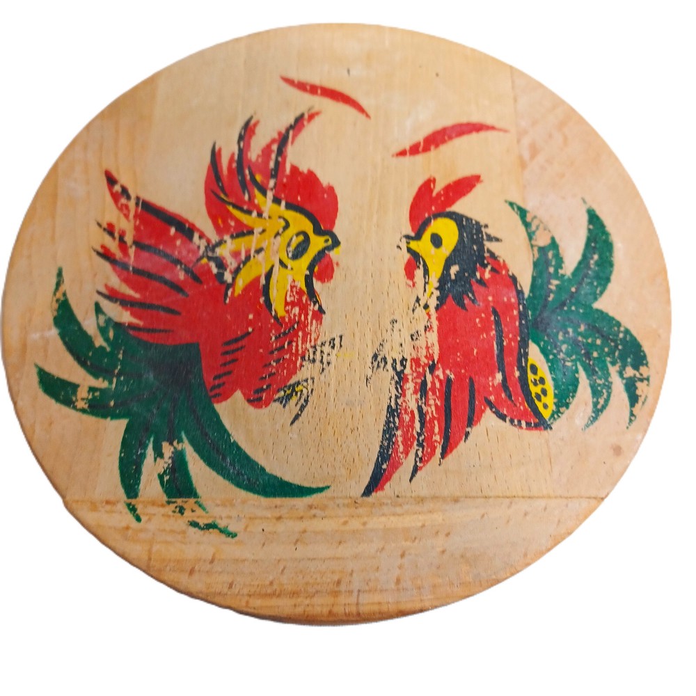 Wooden Hamburger Press Vintage Fighting Cocks Roosters Kitchy