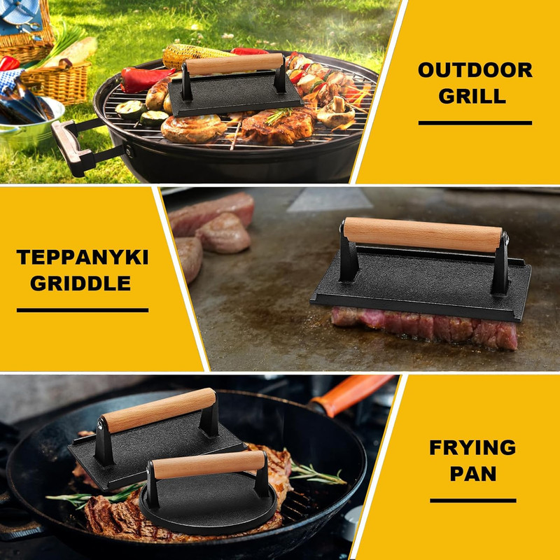 Cast Iron Smash Burger Press Bacon Grill Meat Weight Wood Handle 2pc gallery