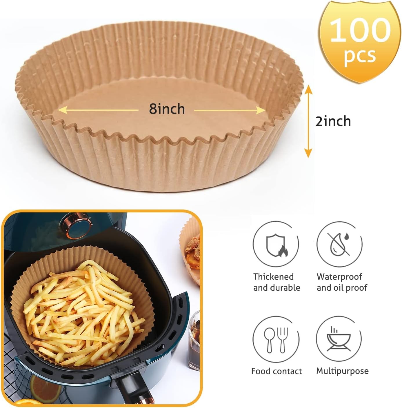 Ailun Air Fryer Paper Liners 8inch, 100PCS 8"Round-100PCS, Brown gallery
