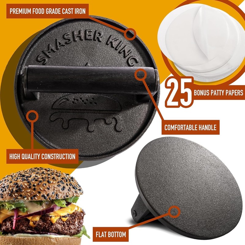 ™ - Premium Cast Iron Smash Burger Press Incl. 25 Pcs of Patty Paper, Burger Sma gallery