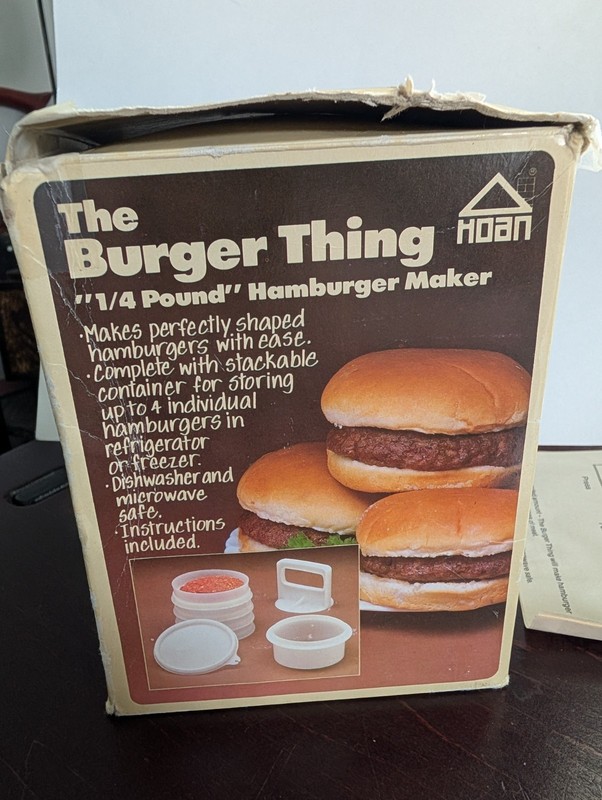 VINTAGE The Burger Thing by Hoan - 1/4 Pound Burger Press COMPLETE w/ Box 1985 gallery