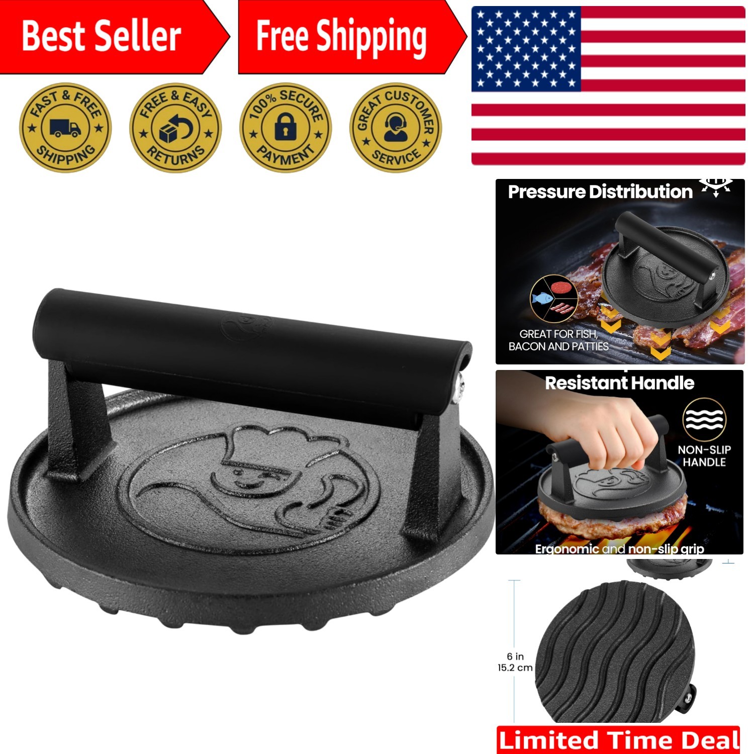 Versatile Heat-Resistant Cast Iron Burger Press for Perfect Grilling Results gallery
