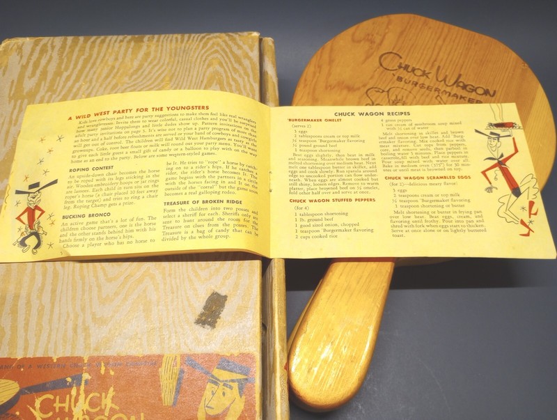 Vintage Chuck Wagon Wood Burger Press Maker Kit With Original Box & Recipe Book gallery