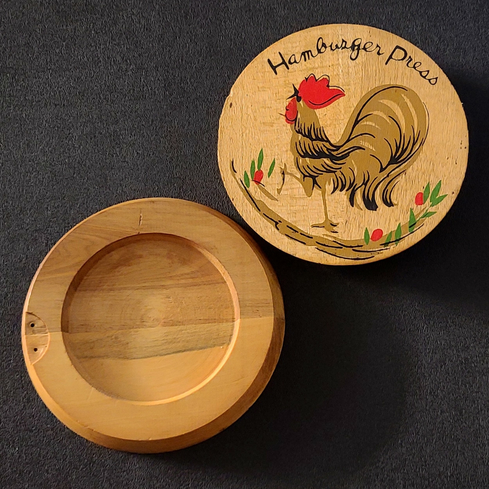 Unique Vintage ROOSTER Wooden Hamburger Press 5-3/4" Diameter Country Decor gallery