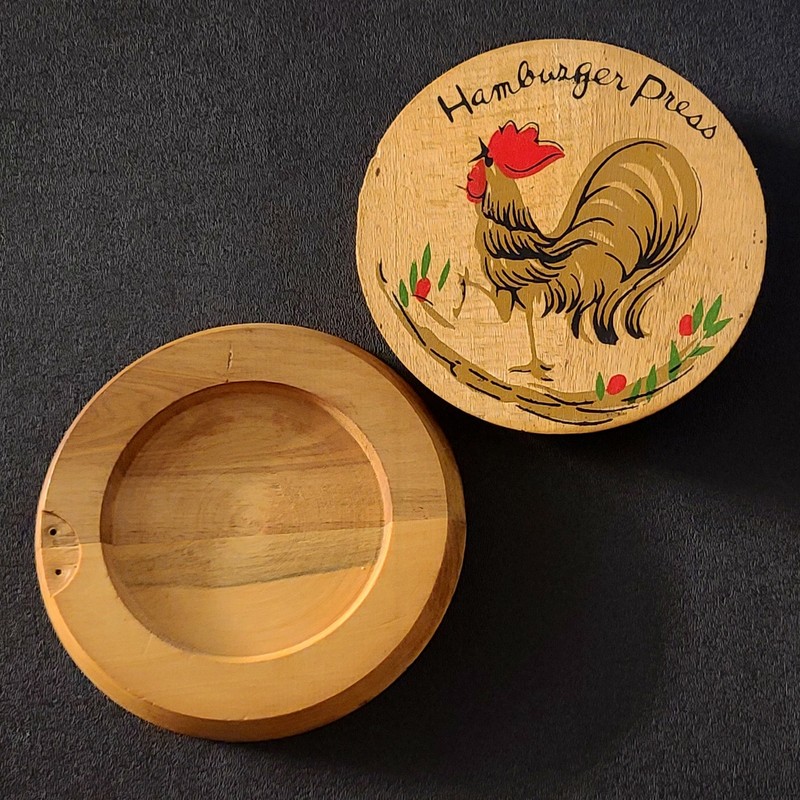 Unique Vintage ROOSTER Wooden Hamburger Press 5-3/4" Diameter Country Decor gallery