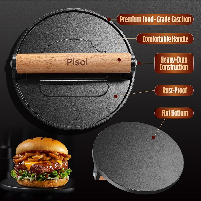 "Cast Iron Smash Burger Press 2lb Heavy-Duty Hamburger Meat Smasher 6.6""" gallery