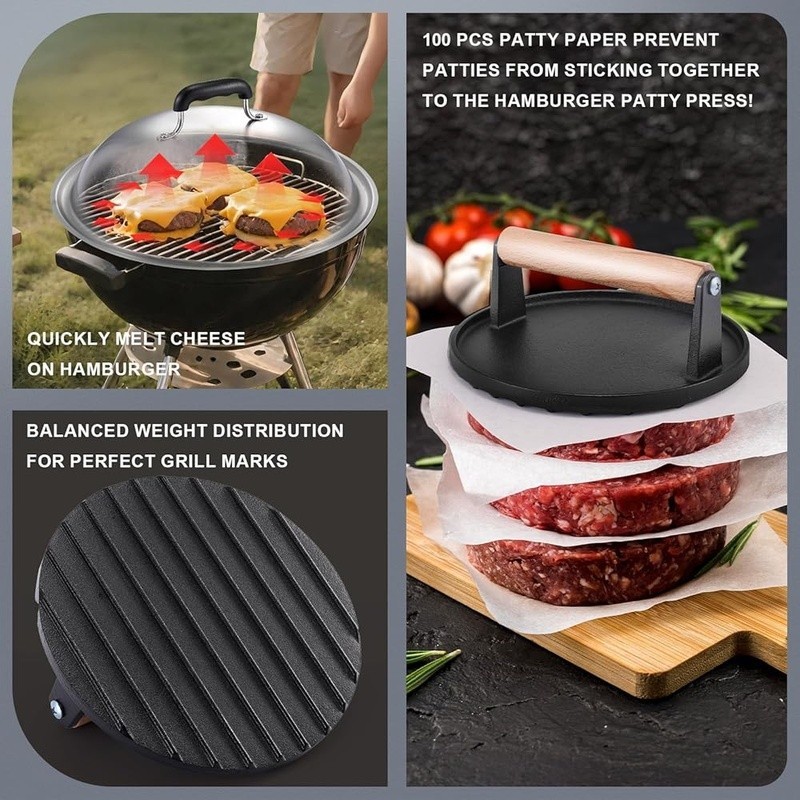 7 Inch Cast Iron Burger Press W/ 12.5 Inch Stainless Steel Melting Dome Set New gallery