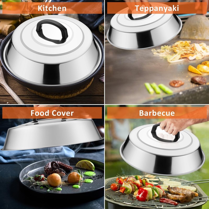 Melting Dome & Cast Iron Grill Press 12"Basting Cover with Round Bacon Burger gallery