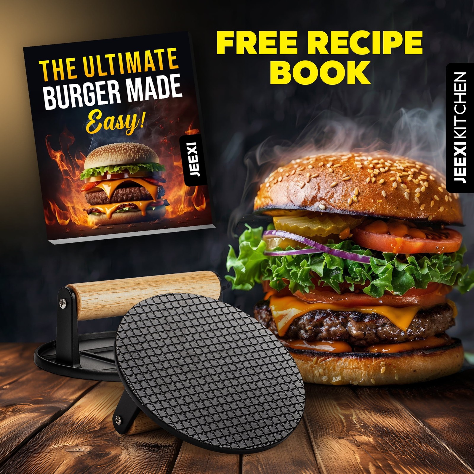 Premium Grill Press with Wooden Handle Burger Bacon Smasher Non Stick for BBQ gallery