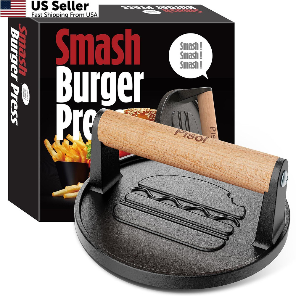 Pisol Smash Burger Press, Pre-Seasoned Cast Iron Hamburger Smasher, 2 Round