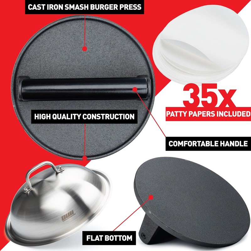Premium Cast Iron Burger Press Kit - 7 in 35 Patty Papers & Melting Dome Meat gallery