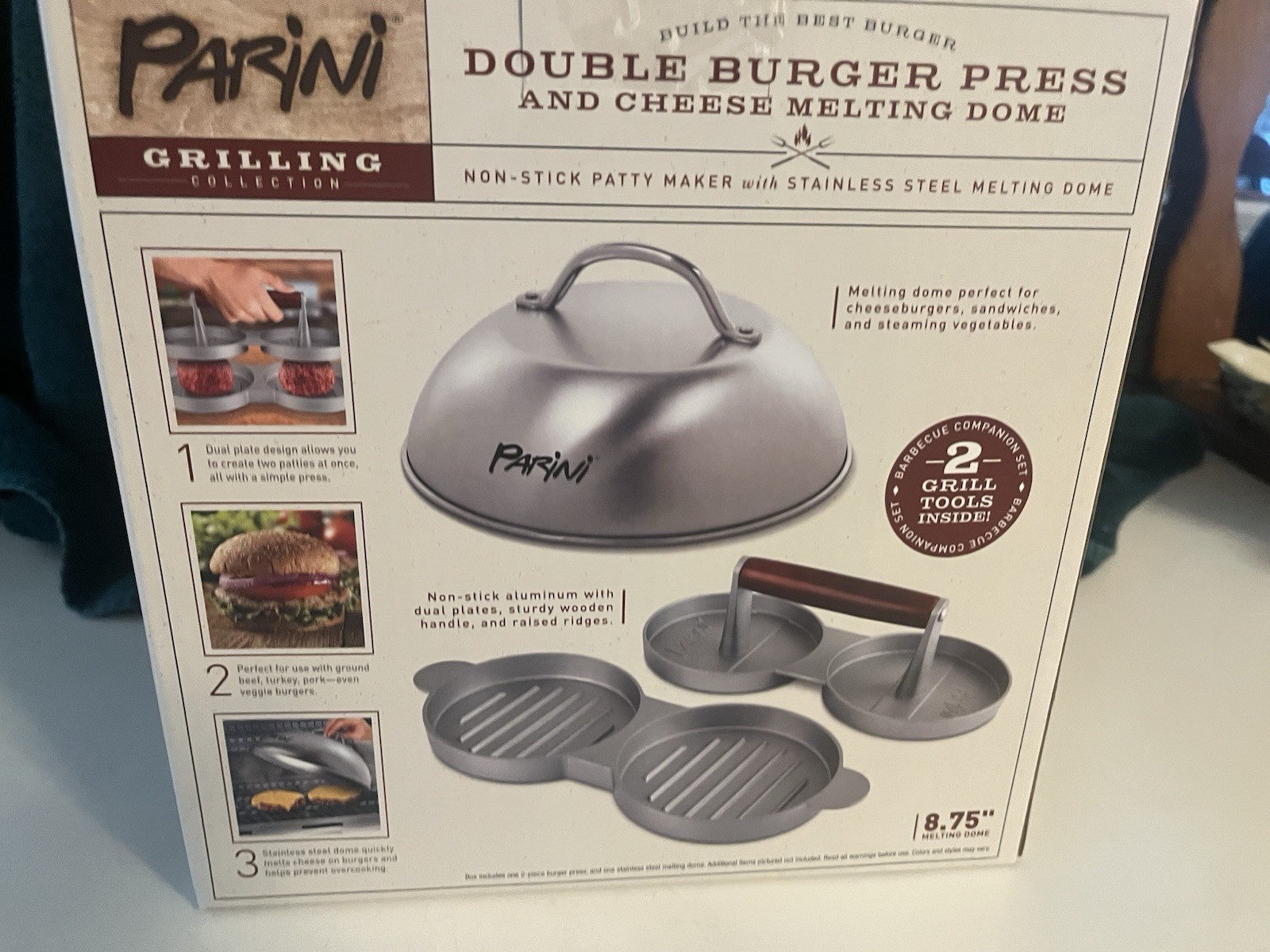 Parini Double Non-Stick Burger Press & Cheese Melting Dome 8.75" NIB gallery