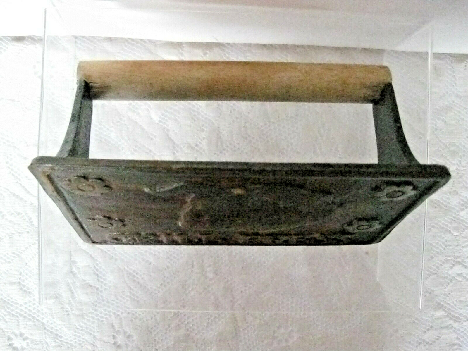 Vtg Cast Iron Bacon Press 4in x 7in Farm Pig Flowers Home Town Grill Press gallery