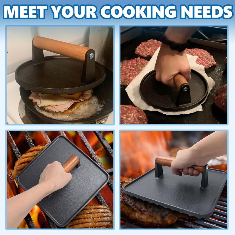 10"Square Bacon Press & 7"Round Meat Heavy Duty Cast Iron Griddle Smash Burger gallery