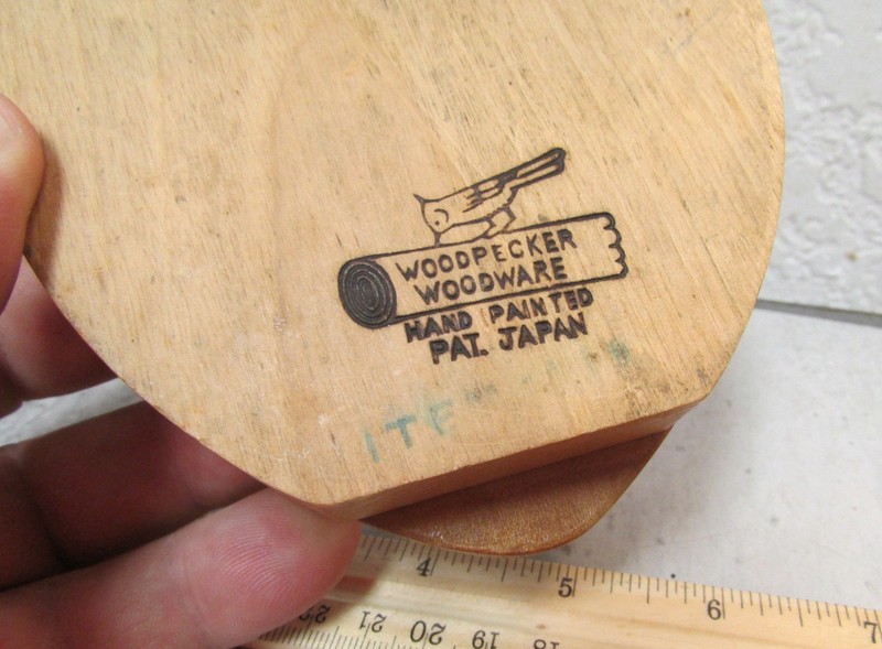 Vintage Wood Hamburger Press hand painted in Japan Woodpecker Woodware, kitchen gallery