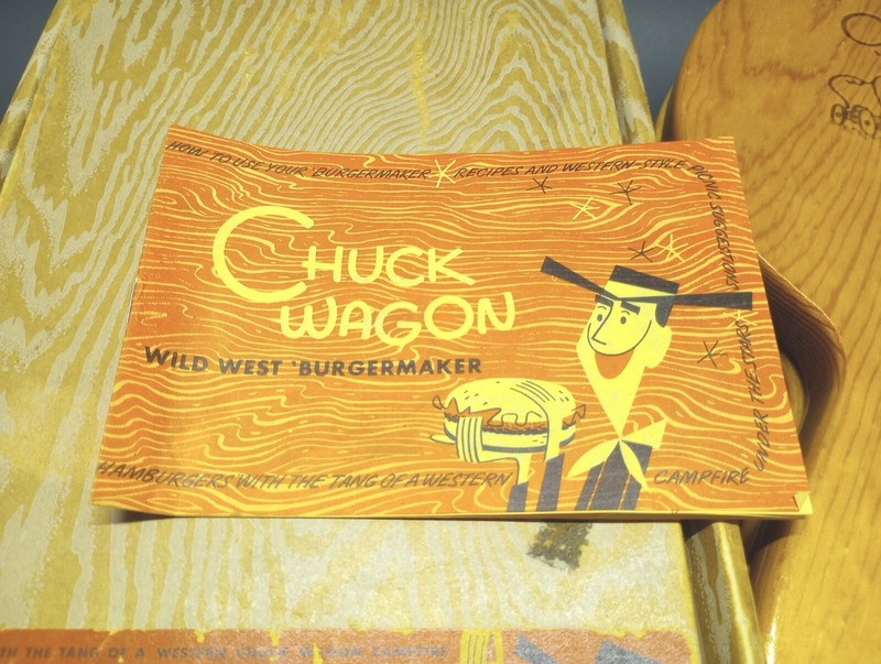 Vintage Chuck Wagon Wood Burger Press Maker Kit With Original Box & Recipe Book gallery