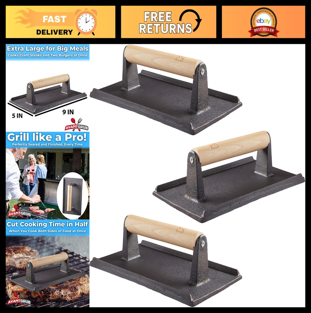 Heavy Duty Cast Iron Grill Press Set - 3 Pack, Pre-Seasoned with Wooden Handle f