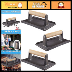 Heavy Duty Cast Iron Grill Press Set – 3 Pack, Pre-Seasoned with Wooden Handle f