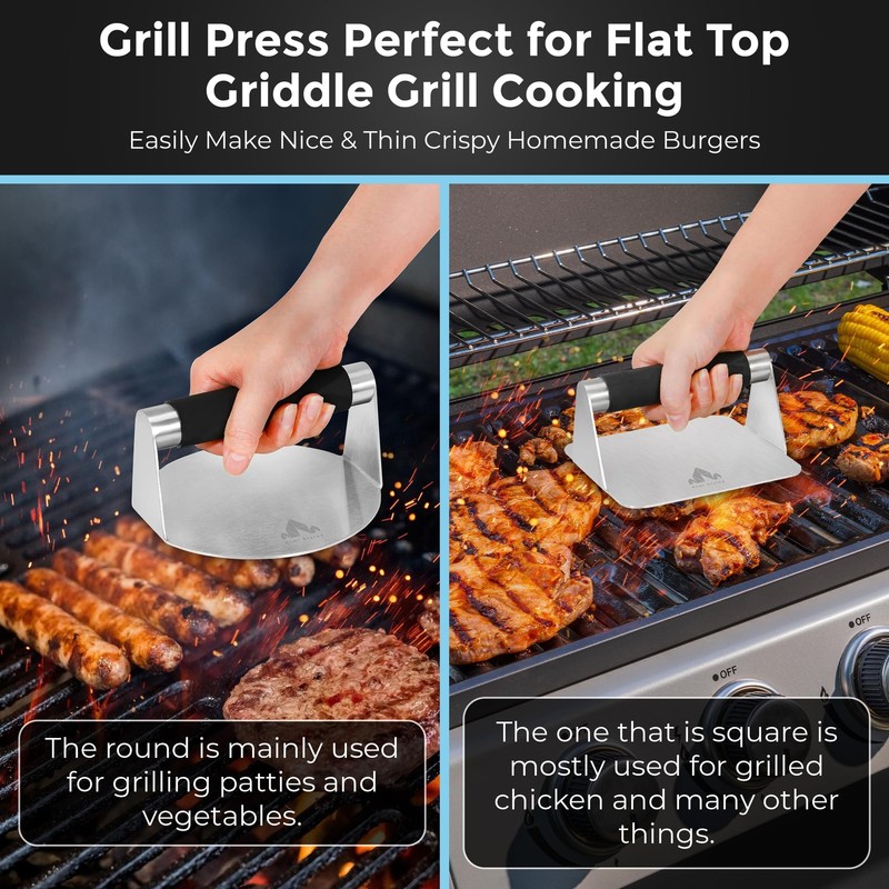 Smash Burger Press Pack of 2 – Round and Square Meat Masher with Silicone Han... gallery