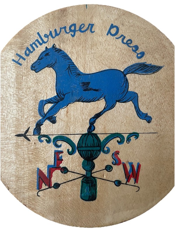 Vintage Wooden Hamburger Press Hand Painted Blue Horse Weather Vane Multi Color gallery