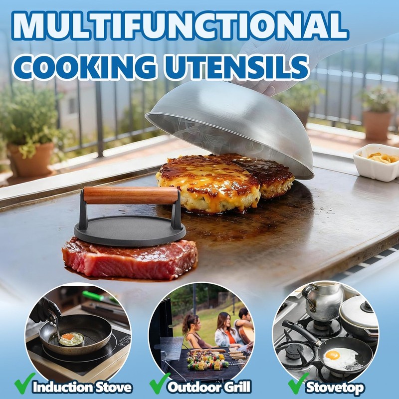 Cast Iron Burger Press & 12 in Stainless Steel Griddle Dome for Flat Top Grills gallery