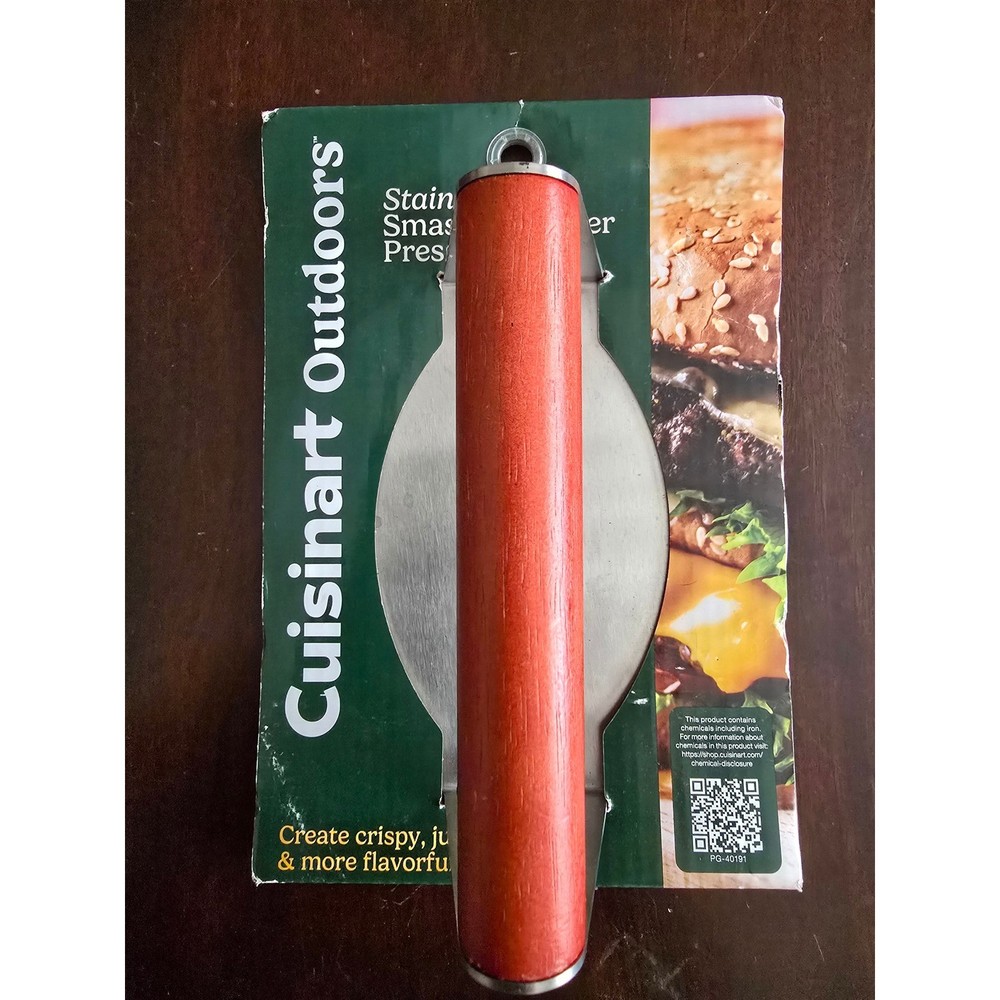 Cuisinart Outdoors Stainless Steel Smashed Burger Press 6 Inch Wood Handle NEW
