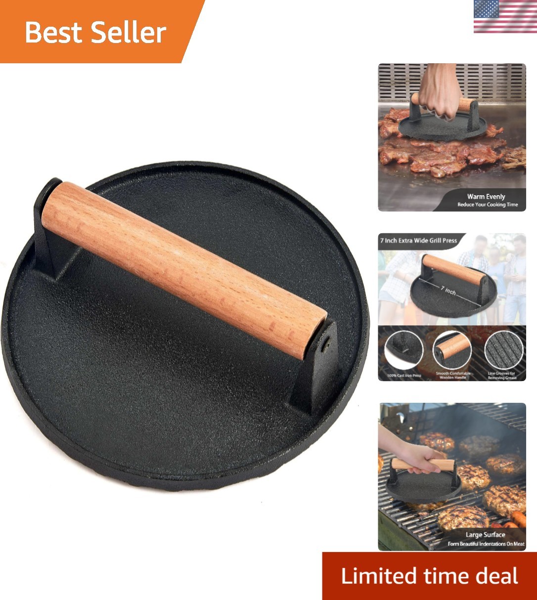 7-Inch Heavy-Duty Cast Iron Burger Press with Wooden Handle - Ideal for Grilling gallery