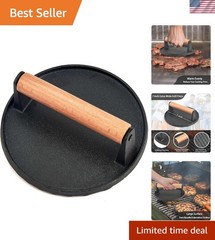 7-Inch Heavy-Duty Cast Iron Burger Press with Wooden Handle – Ideal for Grilling