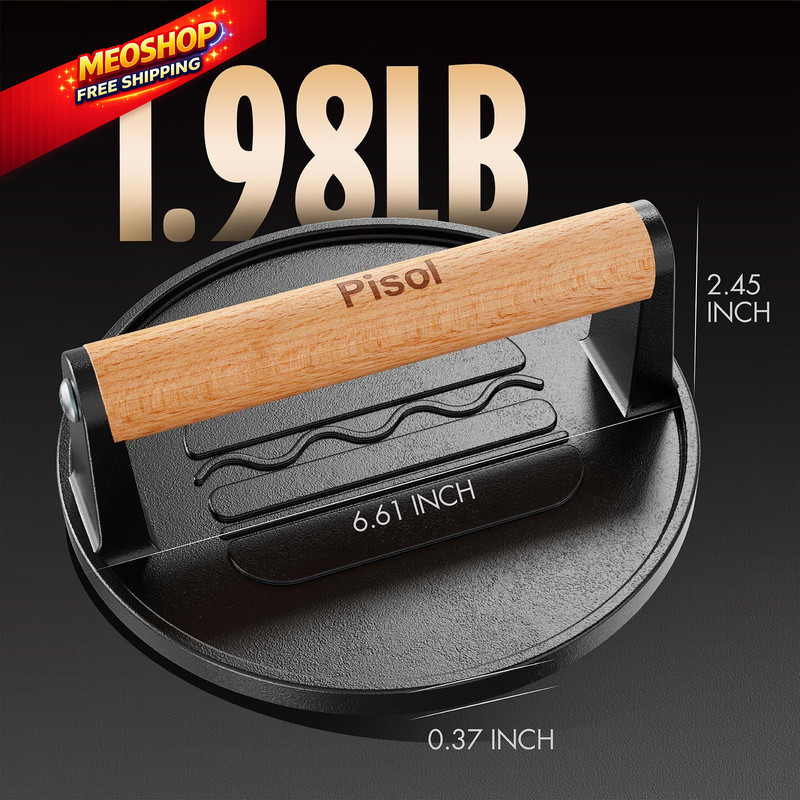 Pisol Smash Burger Press, Pre-Seasoned Cast Iron Hamburger Smasher, 2 Round gallery