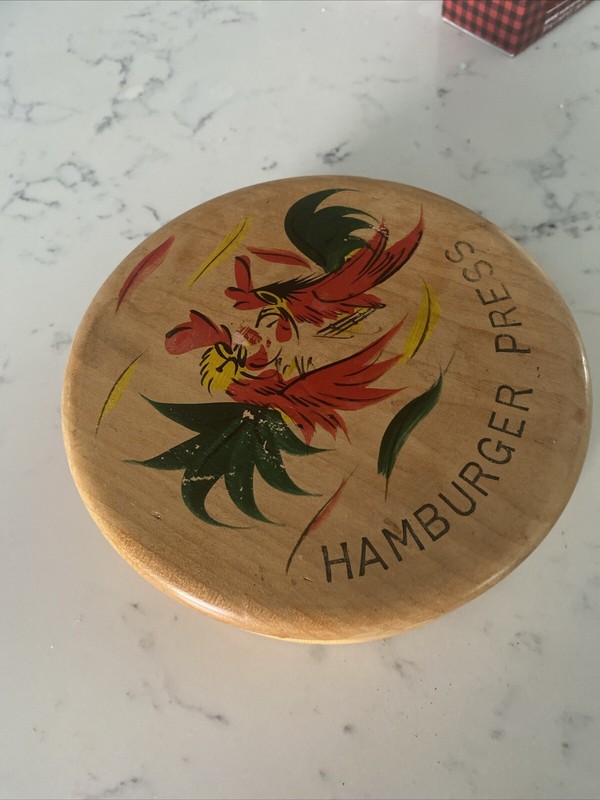 Vintage Wooden Hamburger Press Two Fighting Roosters Chickens Multi Color 5.5” gallery