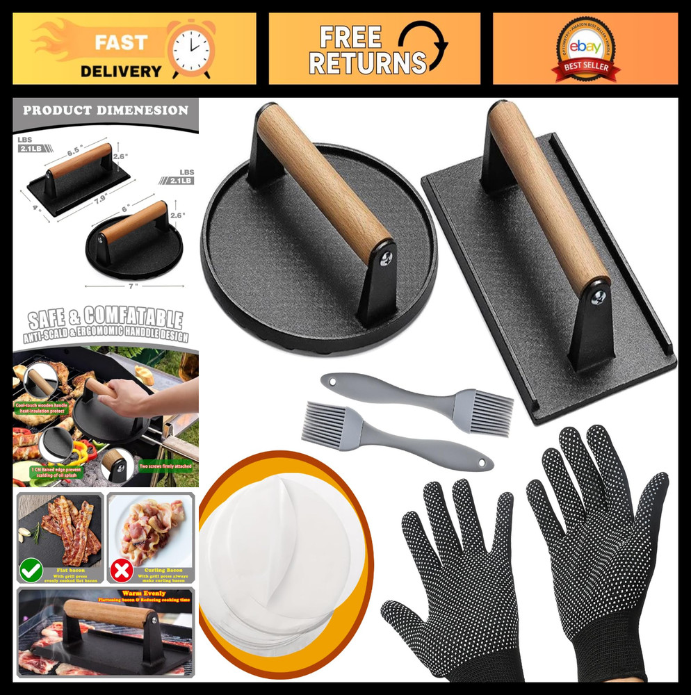 56-Pc Smash Burger Press Kit - 7.9" Cast Iron Grill Press & Accessories for BBQs