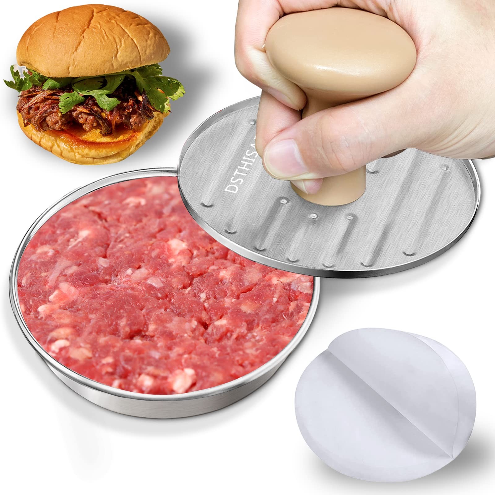 5" Stainless Steel Hamburger Press Patty Maker with 100 Pcs Wax Paper Sheets gallery