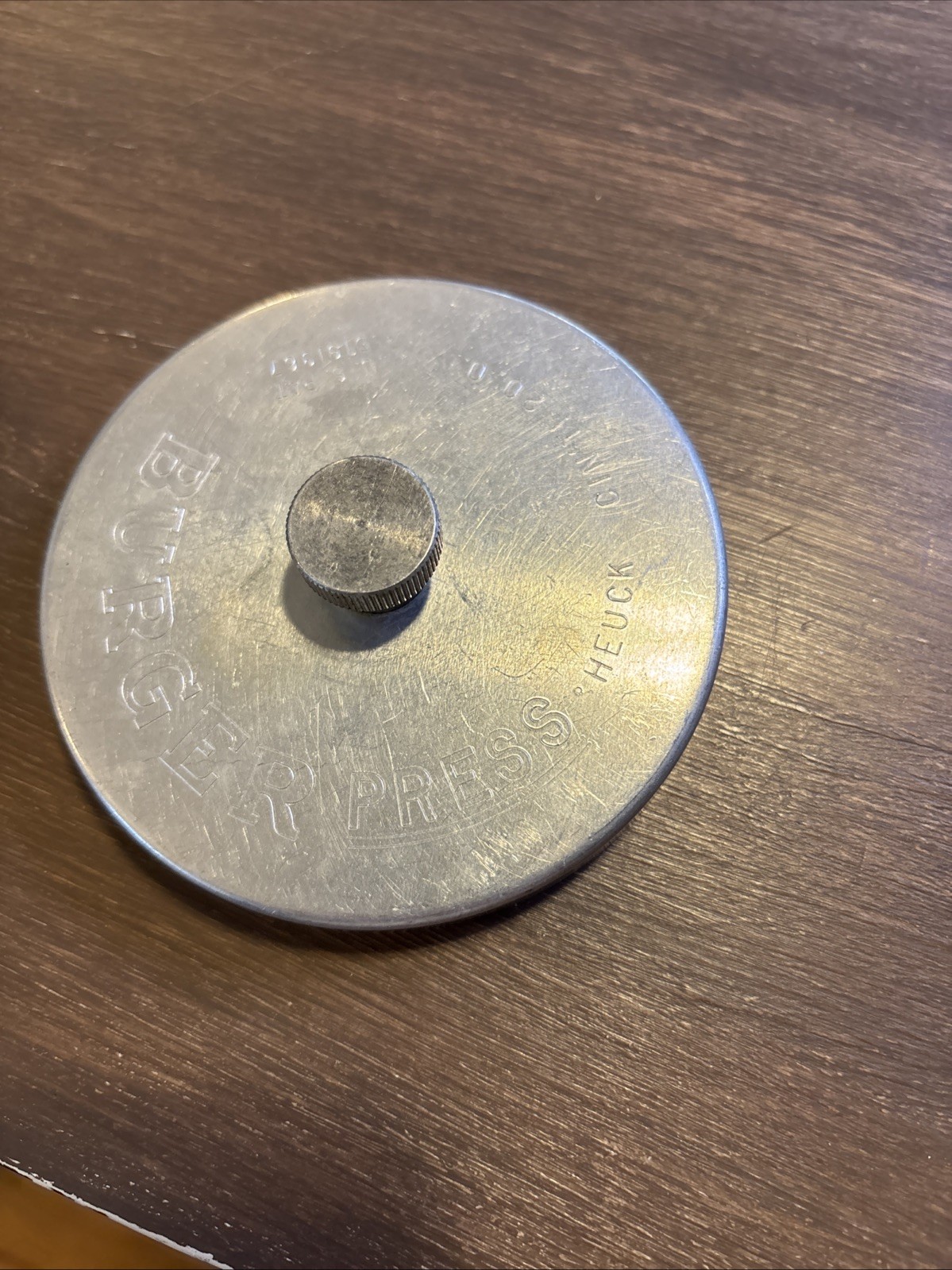 Vintage Heuck Aluminum Hamburger Press with Slide Bar Metal Burger Mold 3-3/4" gallery