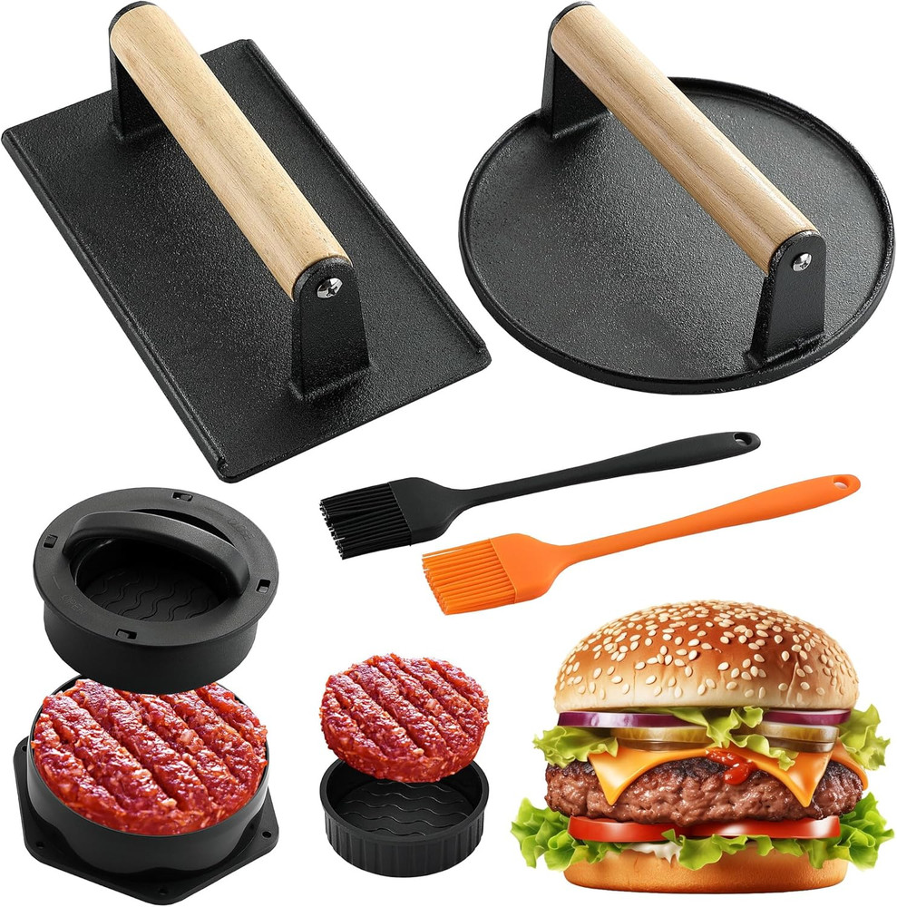 Smash Burger Press Kit - 4 in 1 Stuffed Burger Mold, Cast Iron Burger Presses, S