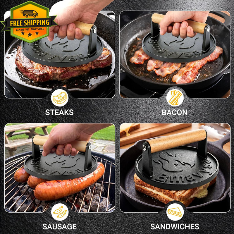 Heavy Duty Cast Iron Burger Press Non Stick Smasher For Griddle Grill BBQ Tool gallery