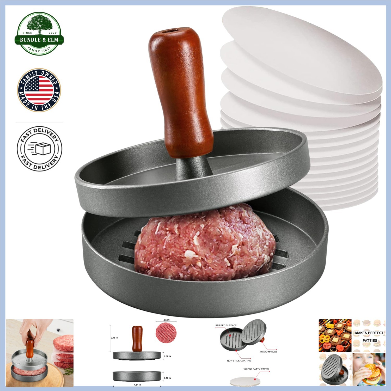 4.5-Inch Burger Press Mold Ideal for Perfect Patties with Wood Handle Included gallery