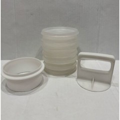 Vintage Tupperware 4″ Hamburger Press + 6 Patty Holders + Lid