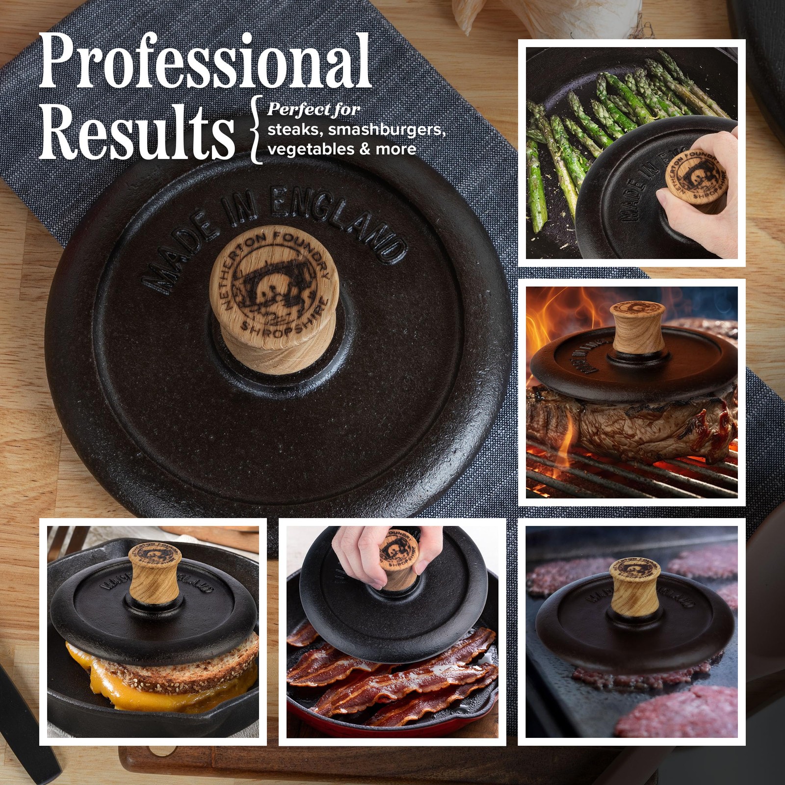 Grill Press and Steak Weight - 7.25” Round Heavy-Duty Cast Iron Burger Press ... gallery